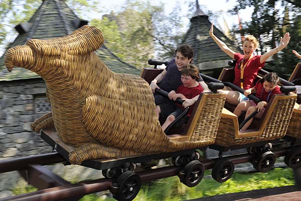 Harry Potter film star Daniel Radcliffe rides the Flight of the Hippogriff attraction at Universal Orlando Resort in Florida