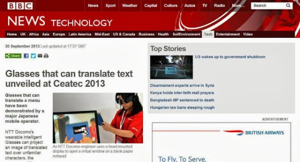 BBC News - Glasses that can translate text unveiled at Ceatec 2013