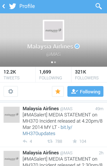 มาเลเซียแอร์ไลน์ เปลี่ยนรูปโปรไฟล์ Twitter เป็นขาว-ดำ เหตุเที่ยวบิน #MH370 หายสาบสูญ
