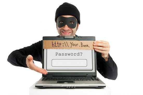 A thief (dressed in black and eye-masked) pops up from behind a laptop's screen and hides the real URL by planting a fake one on it, clumsily written on a piece of cardboard as a visual metaphore for the phishing technique. Then, he "kindly" invites the user to fill in his/her bank account's password.