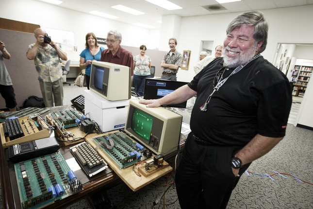 Steve Wozniak, co-founder of Apple, stands behind five Apple 1 computers for a photo op on June 18, 2013 at History San Jose. (Dai Sugano/Bay Area News Group)