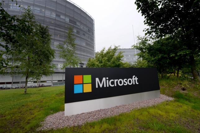 A Microsoft sign is pictured at its Finnish headquarters in Espoo, Finland July 8, 2015. REUTERS/Mikko Stig/Lehtikuva