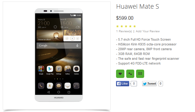 เผยสเปค Huawei Mate S มาพร้อมฟีเจอร์ Force Touch โผล่เว็บออนไลน์ก่อนเปิดตัว