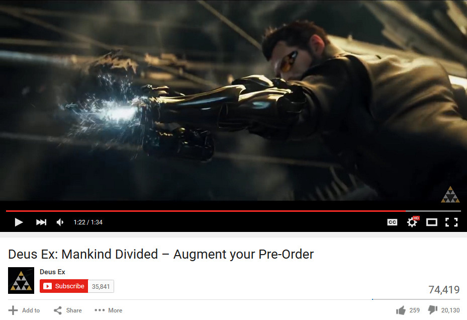 สาวก Deus Ex พร้อมใจกด Dislike รัว ๆ บนวิดีโอตัวล่าสุดของภาคใหม่ !?