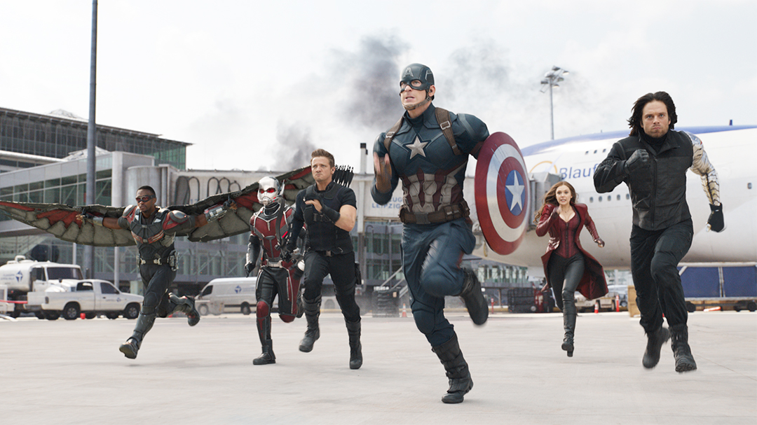 Marvel's Captain America: Civil War

L to R: Falcon/Sam Wilson (Anthony Mackie), Ant-Man/Scott Lang (Paul Rudd), Hawkeye/Clint Barton (Jeremy Renner), Captain America/Steve Rogers (Chris Evans), Scarlet Witch/Wanda Maximoff (Elizabeth Olsen), and Winter Soldier/Bucky Barnes (Sebastian Stan)

Photo Credit: Film Frame

© Marvel 2016