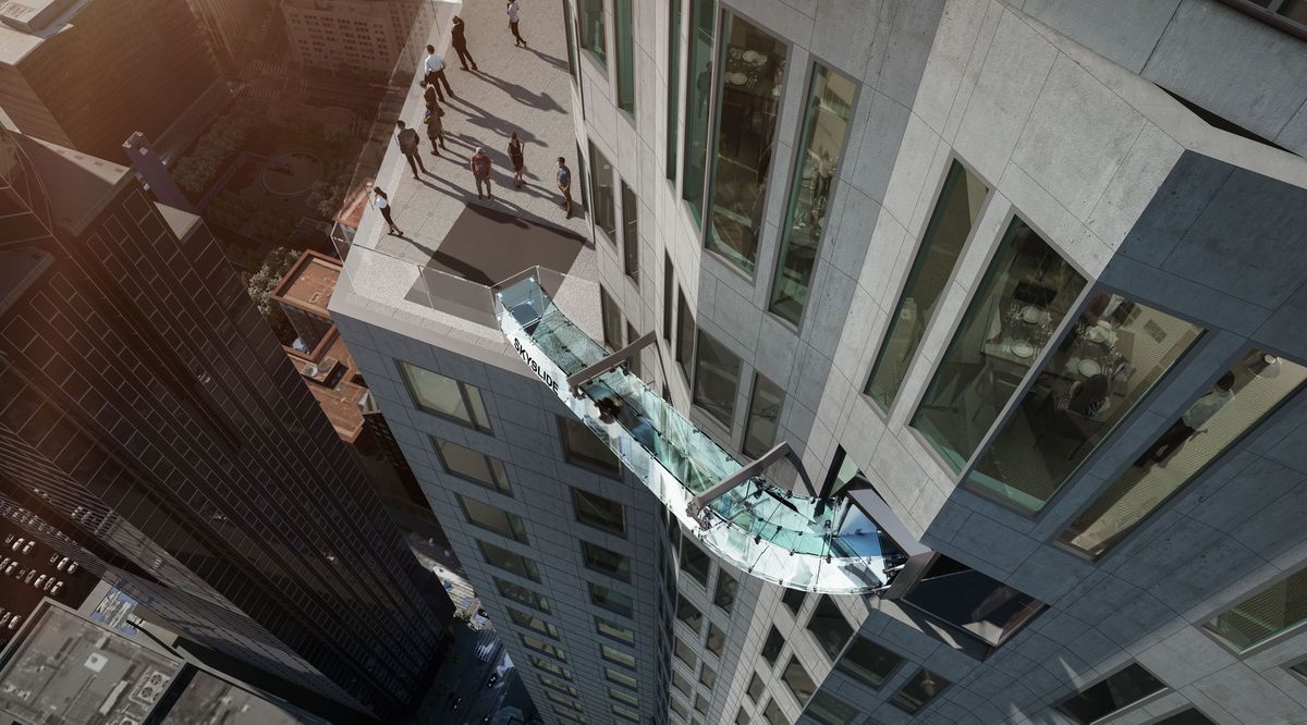 งานนี้มีเสียว… OUE Skyslide สไลด์เดอร์แก้วบนตึกระฟ้าในนครลอสแอนเจลิส