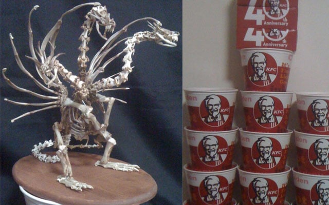 หมดไปกี่ถัง!? ศิลปินญี่ปุ่นสร้างฟิกเกอร์คิงกิโดร่าด้วยกระดูกไก่ KFC