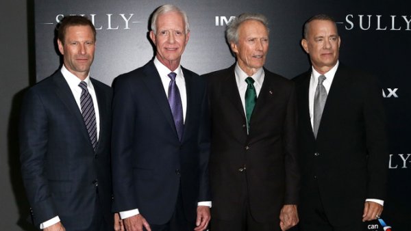 Mandatory Credit: Photo by Debby Wong/REX/Shutterstock (5892982h) Aaron Eckhart, Chesley Sullenberger, Clint Eastwood, Tom Hanks 'Sully' film premiere, New York, USA - 06 Sep 2016