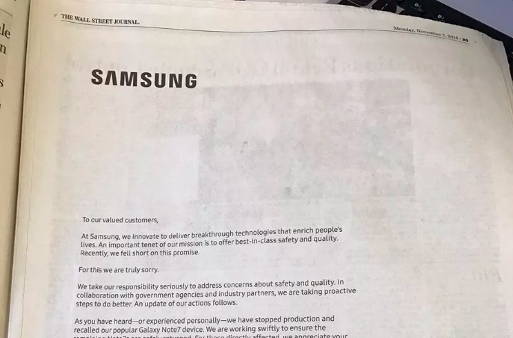 Samsung ซื้อหน้าโฆษณา นสพ. ยักษ์ใหญ่ร่อนจดหมายขอโทษลูกค้าจากมหากาพย์ Galaxy Note 7