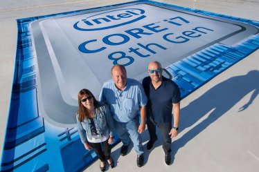 Karen Regis (from left), Jim Johnson and and Gregory Bryant unveil the 8th Gen Intel® Core™ processor family during a livestream event on Aug. 21, 2017, in Hillsboro, Oregon. (Credit: Intel Corporation)