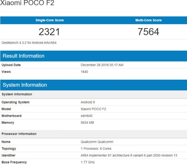 Xiaomi Pocophone F2 Geekbench