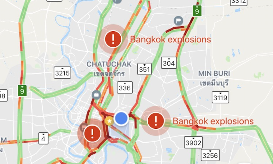 Google Maps ปักหมุดเหตุการณ์ระเบิดในกรุงเทพฯ วันที่ 2 สิงหาคม พร้อมหน้า SOS Alert ในหน้าค้นหา