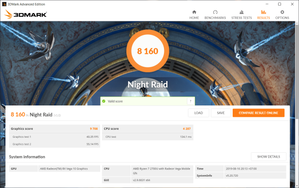 Lenovo Yoga 530 AMD Ryzen 3Dmark Night Raid