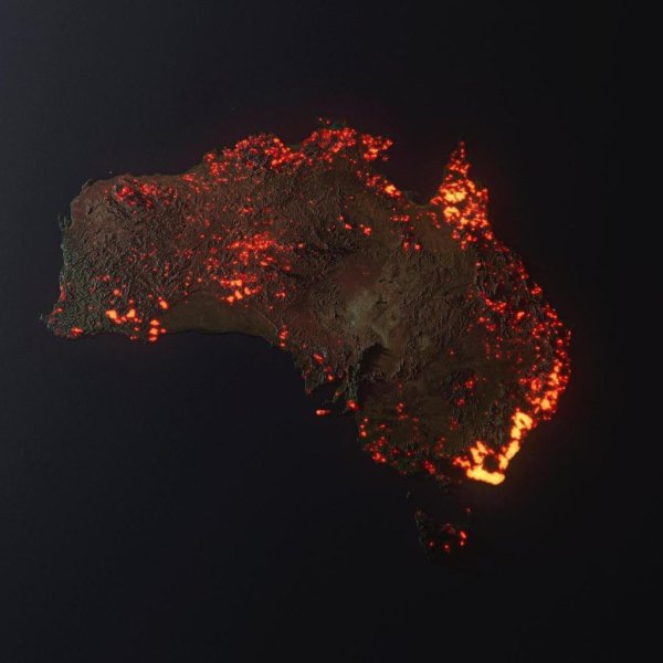 ภาพจากดาวเทียมของนาซา ผ่านกระบวนการ 3 มิติ ให้เห็นพื้นที่ไฟป่าของออสเตรเลียในปัจจบัน