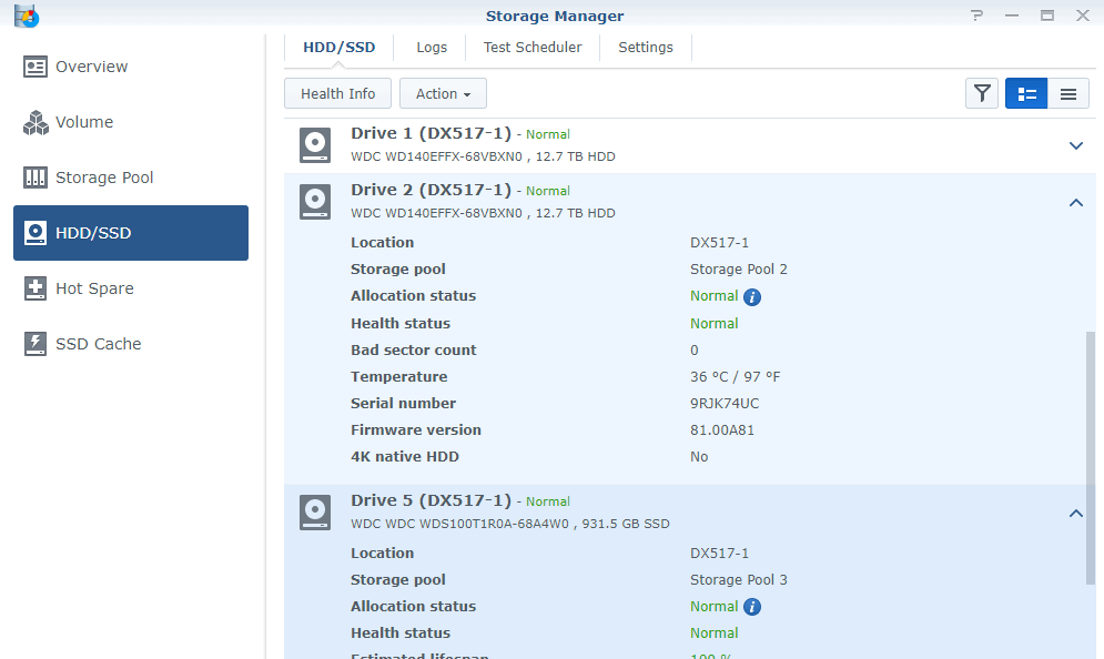 ระบบ Synology DSM แสดงข้อมูลของ WD Red 14 TB และตัว WD Red SSD