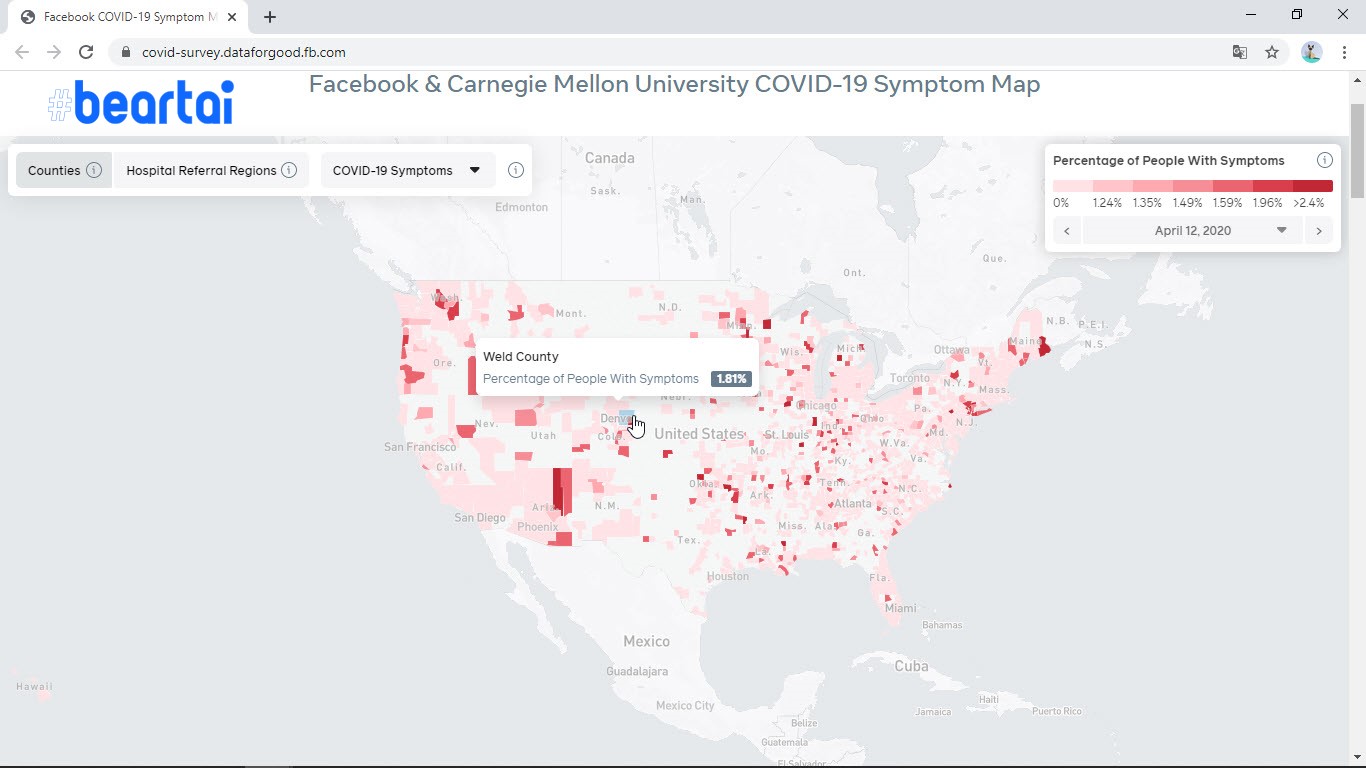 Facebook เปิดตัวแผนที่แสดงเปอร์เซ็นต์ผู้ใช้ที่มีอาการป่วย COVID-19 ในแต่ละเขตของสหรัฐฯ