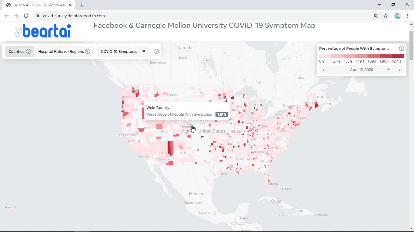 Facebook เปิดตัวแผนที่แสดงเปอร์เซ็นต์ผู้ใช้ที่มีอาการป่วย COVID-19 ในแต่ละเขตของสหรัฐฯ