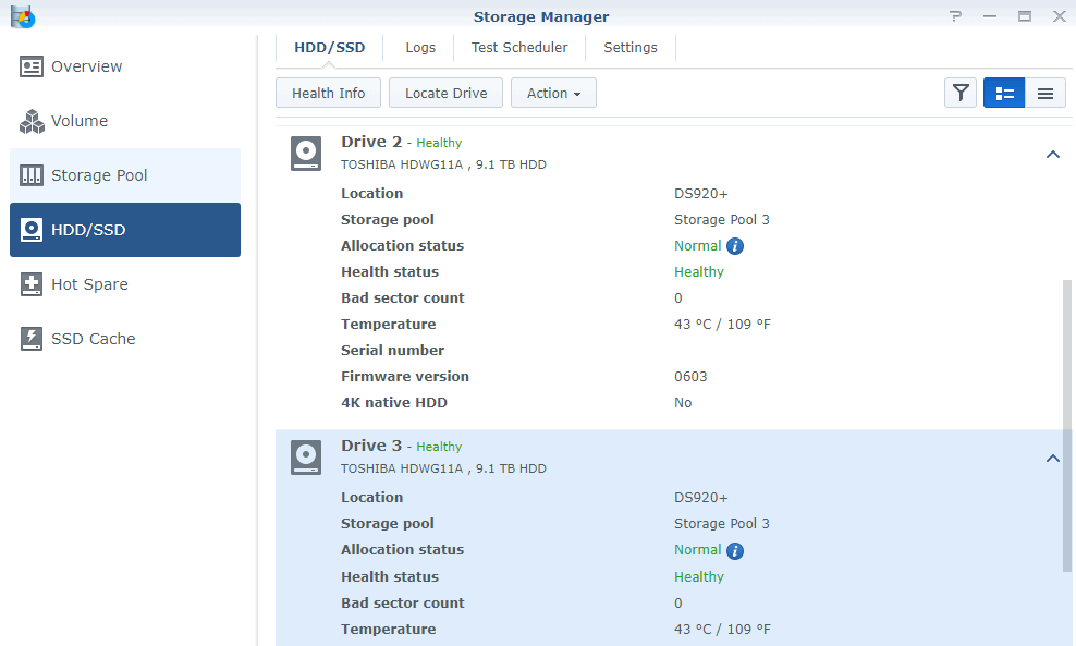 การรายงานสถานะของไดรฟ์ Toshiba N300 จาก Synology DSM