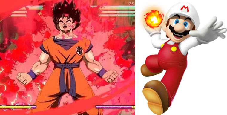 Fire Mario จากเกม Super Mario Bros กับ Son Goku ตอนใช้ท่า Kaioken ในเกมซีรีส์ Dragon Ball