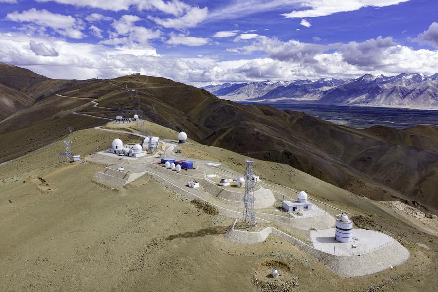 (220610) -- LHASA, June 10, 2022 (Xinhua) -- Aerial photo taken on July 20, 2021 shows the Ngari Observatory of National Astronomical Observatories (NAO) in Ngari Prefecture, southwest China's Tibet Autonomous Region. (NAO Ngari Observatory/Handout via Xinhua)