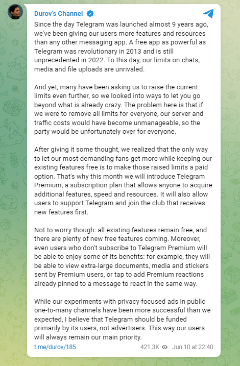 Telegram คอนเฟิร์มเพิ่มบริการระดับพรีเมียมในเดือนนี้!