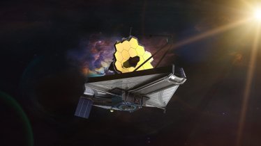 James Webb telescope explores deep space. JWST launch art. Elements of this image furnished by NASA.