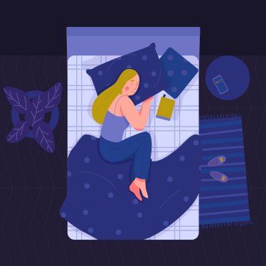 Curled up in bed woman sleeping in bedroom at night top view flat vector illustration