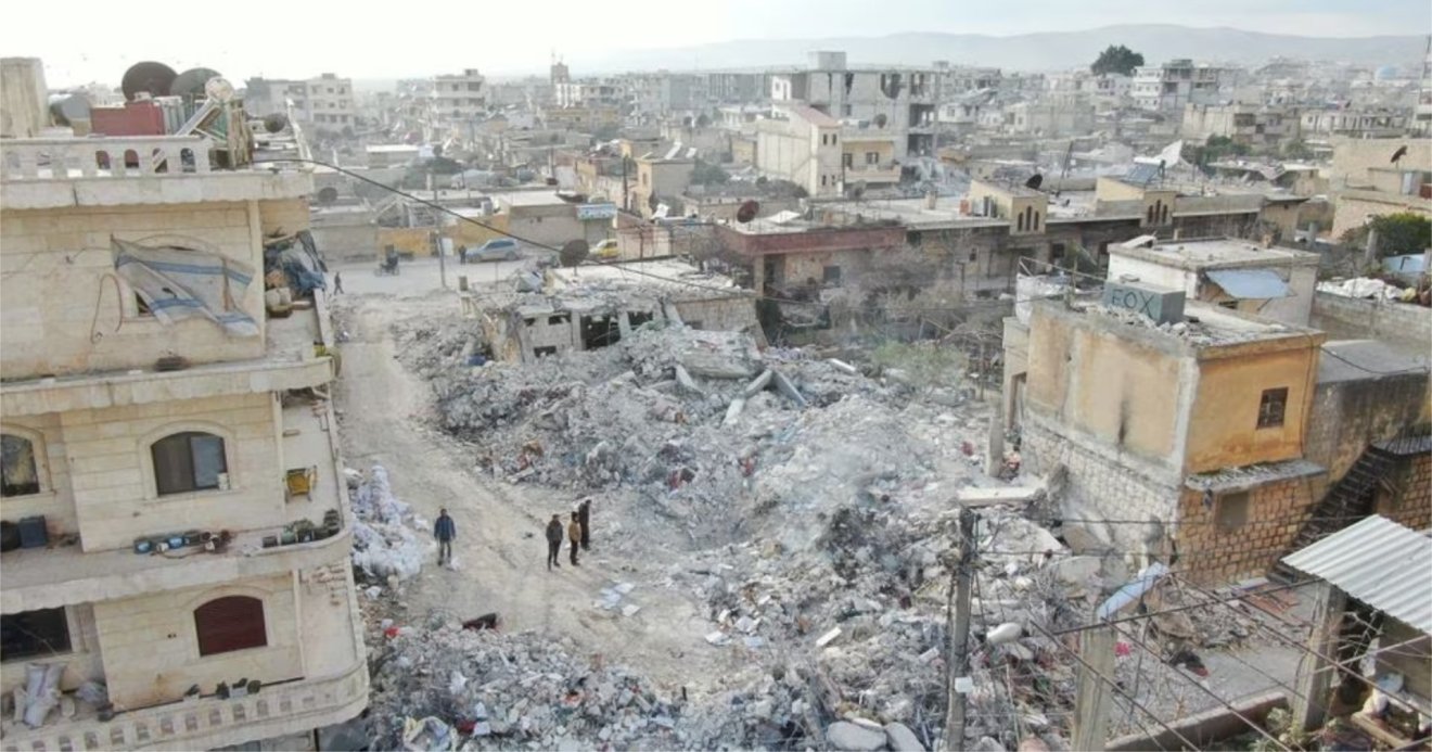 View shows damaged and collapsed buildings in the aftermath of an earthquake