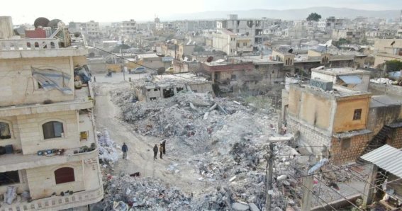 View shows damaged and collapsed buildings in the aftermath of an earthquake