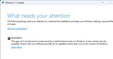 พบ Windows 11 ไม่อนุญาตให้อัปเดตเวอร์ชัน หากติดตั้ง “StartAllBack”