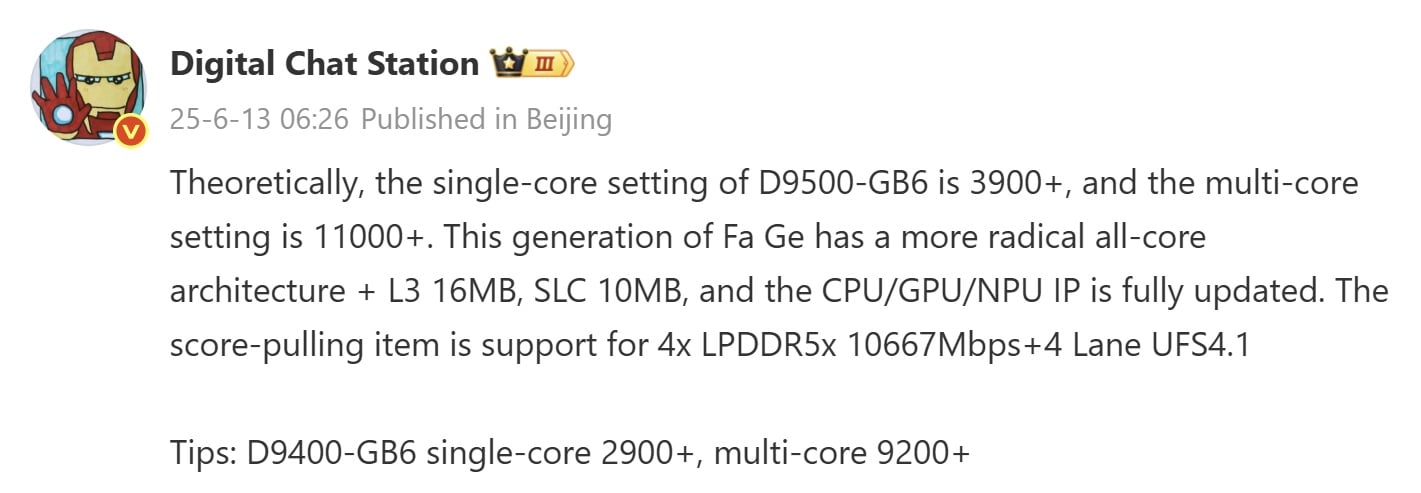 Dimensity 9500 Geekbench