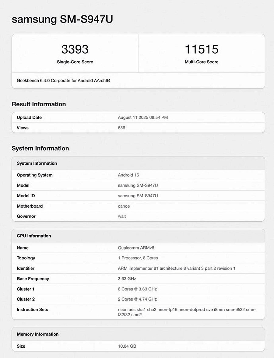 Samsung Galaxy S26 Edge Geekbench