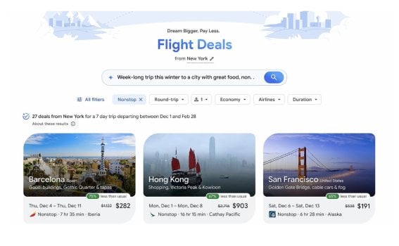 Google เปิดตัว Flight Deals ใช้ AI ช่วยหาตั๋วเครื่องบินราคาถูก พร้อมจัดทริป