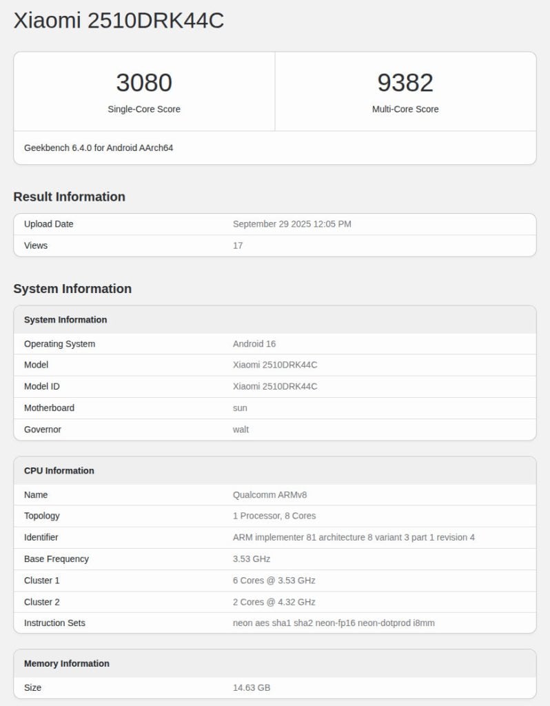 Redmi K90 Geekbench