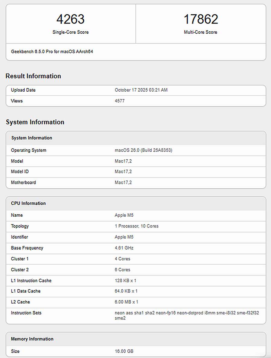 Apple M5 Geekbench