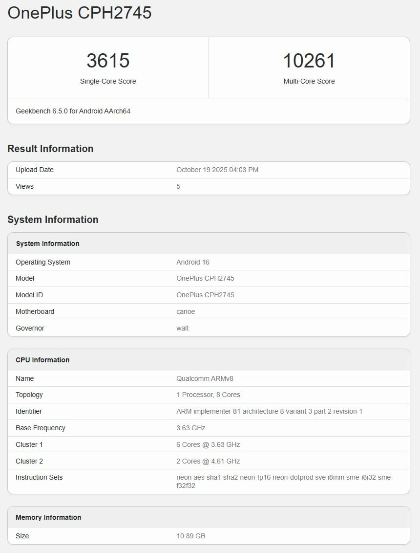 OnePlus 15 Geekbench