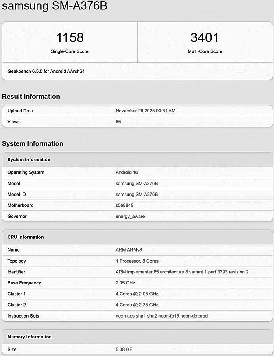Samsung Galaxy A37 Geekbench